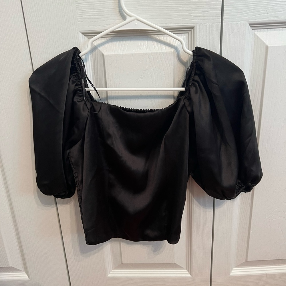 Black satin puff sleeve top